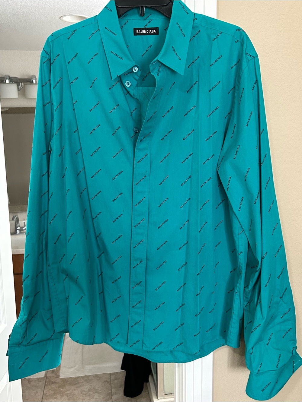 Balenciaga Teal Logo-Print Long-Sleeve Button Shirt